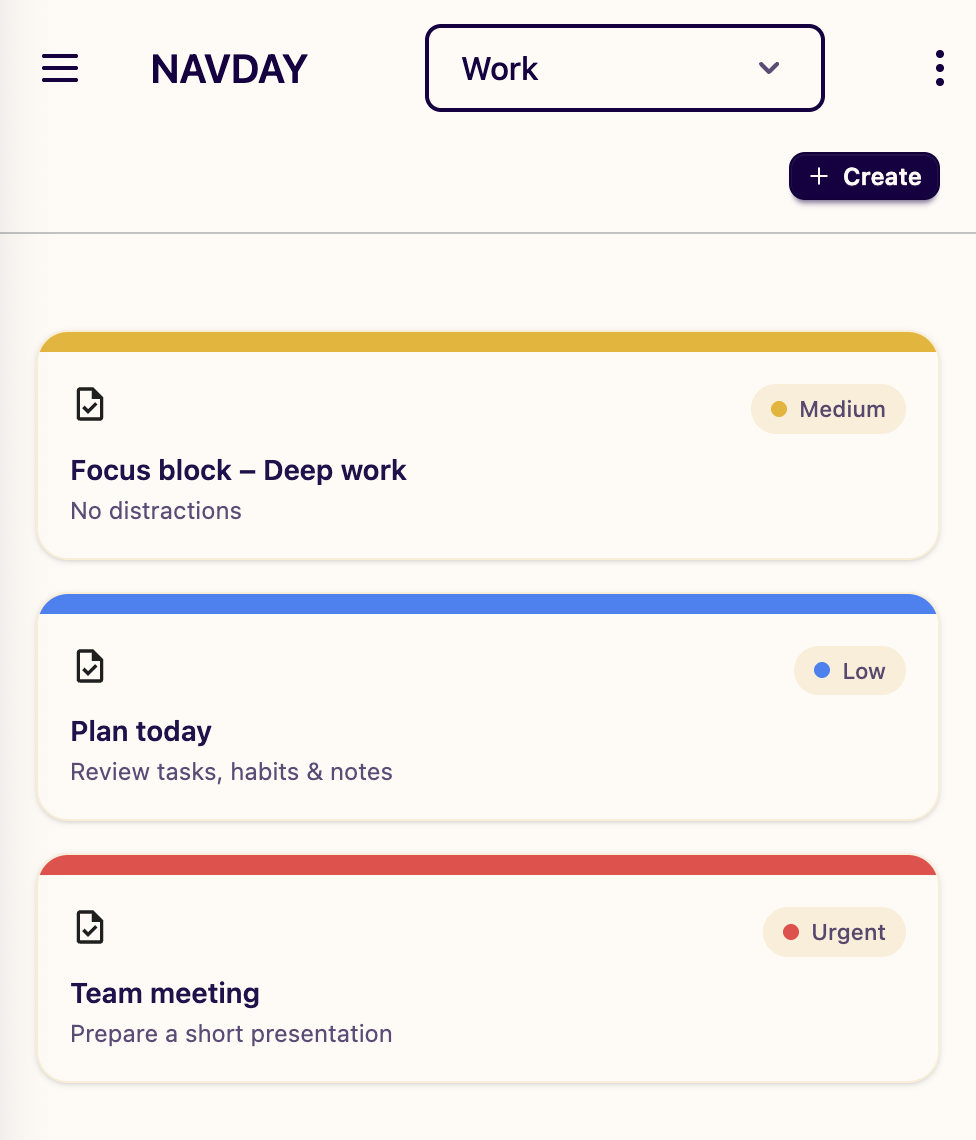 Navday space view with focus and plan cards
